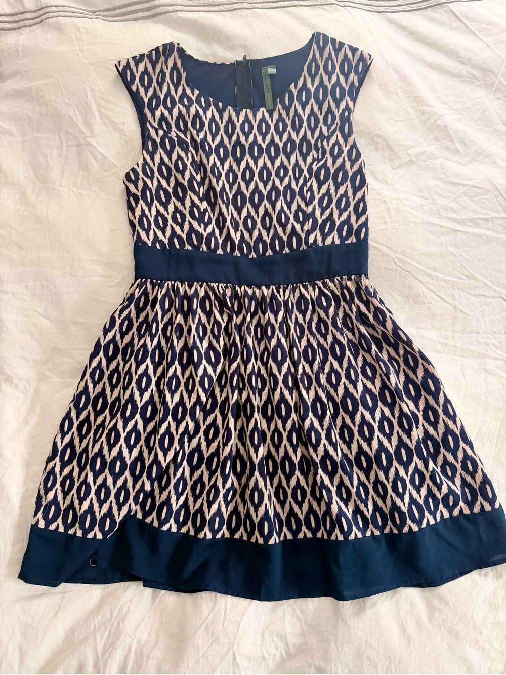 Poema Navy and Cream Ikat Print Sleeveless Dress